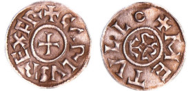 France - Charlemagne (768-814) ou Charles II le Chauve (840-877) - Denier (Melle)
A/ + CAROLVS REX FR Croix.
R/ + METVLLO Monogramme de Karolus.
SU...