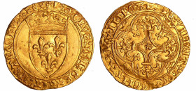 France - Charles VI (1380-1422) - Ecu d'or à la couronne - 1ère émission - La Rochelle
A/ + KAROLVS : DEI : GRACIA : FRAnCORVm : REX. Ecu de France c...