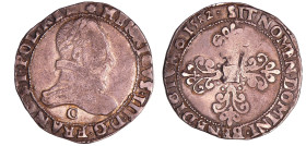 France - Henri III (1574-1589) - Franc au col plat - 1582 C (Saint Lô)
A/. HENRICVS. III. D. G. FRANC. ET. POL. REX Buste au col plat, lauré et cuira...