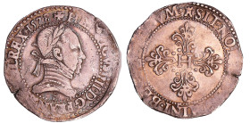 France - Henri III (1574-1589) - Franc au col plat - 1578 E (Tours)
A/. HENRICVS. III. D. G. FRANC. ET. POL. REX Buste au col plat, lauré et cuirassé...