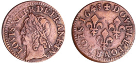 France - Louis XIII (1610-1643) - Double tournois de Warin - 1643 R légende française
TTB+
L4L.88-Ga.12
 Cu ; 2.69 gr ; 19 mm
Monnaie rare et rech...