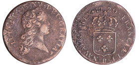 France - Louis XV (1715-1774) - Sol au buste enfantin - 1720 B (Rouen)
TB
L4L.453-Ga.276
 Cu ; 13.05 gr ; 30 mm