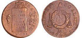 France - Convention (1792-1795) - Sol à la balance type FRANCOISE - An II - 1793 AA (Metz)
TTB
Ga.19
 Cu ; 12.81 gr ; 29 mm