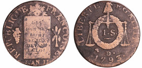 France - Convention (1792-1795) - Sol à la balance type FRANCOISE - An II - 1793 D• (Dijon)
TB
Ga.19
 Cu ; 10.52 gr ; 28 mm