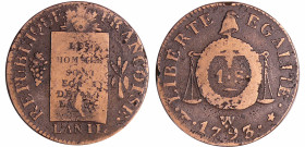 France - Convention (1792-1795) - Sol à la balance type FRANCOISE - An II - 1793 W• (Arras)
B+
Ga.19
 Cu ; 10.52 gr ; 28 mm