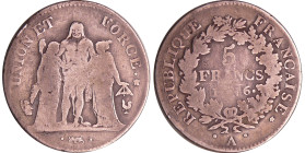 France - Directoire (1795-1799) - 5 francs Hercule union et force An 6 A (Paris)
TB
Ga.563-F.287
 Ar ; 24.18 gr ; 37 mm