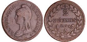 France - Directoire (1795-1799) - 2 décimes Dupré - An 4 A (Paris)
TTB
Ga.300-F.145
 Br ; 19.67 gr ; 31 mm