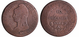 France - Directoire (1795-1799) - 1 décime Dupré - modification du 2 décimes An 4 A (Paris)
B+
Ga.186-F.127
 Br ; 21.00 gr ; 32 mm
