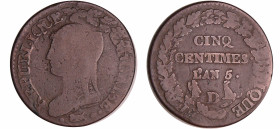 France - Directoire (1795-1799) - 5 centimes Dupré - surfrappe - AN 5 D / AN 4 D (Lyon)
TB
Ga.125-F.114
 Cu ; 9.72 gr ; 28 mm