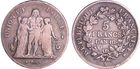 France - Bonaparte premier consul (1799-1804) - 5 francs Hercule union et force An 10 A (Paris)
TB+
Ga.563-F.287
 Ar ; 24.83 gr ; 37 mm