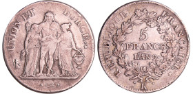 France - Bonaparte premier consul (1799-1804) - 5 francs Hercule union et force An 9 K (Bordeaux)
TB+
Ga.563-F.287
 Ar ; 24.64 gr ; 37 mm