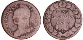 France - Bonaparte premier consul (1799-1804) - 5 centimes Dupré - grand module An 8 G (Genève)
TB
Ga.126-F.115
 Cu ; 10.34 gr ; 28 mm