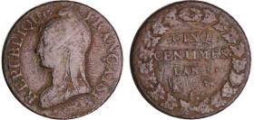 France - Bonaparte premier consul (1799-1804) - 5 centimes Dupré - grand module An 9 G (Genève)
TB
Ga.126-F.115
 Cu ; 9.02 gr ; 28 mm