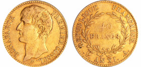 France - Bonaparte premier consul (1799-1804) - 40 francs An XI A (Paris) sans olive
TB+
Ga.1080-F.536
 Au ; 12.85 gr ; 26 mm