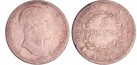 France - Bonaparte premier consul (1799-1804) - 5 francs An XI Q (Perpignan)
TB
Ga.577-F.301
 Ar ; 24.41 gr ; 37 mm