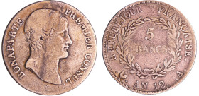 France - Bonaparte premier consul (1799-1804) - 5 francs An 12 A (Paris)
TB
Ga.577-F.301
 Ar ; 24.31 gr ; 37 mm