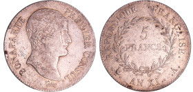 France - Bonaparte premier consul (1799-1804) - 5 Francs An XI A (Paris)
TTB+
Ga.577-F.301
 Ar ; 24.86 gr ; 37 mm