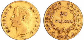 France - Napoléon 1er (1804-1814) - 20 francs tête nue An 13 A (Paris)
TB
Ga.1022-F.512
 Au ; 6.38 gr ; 21 mm