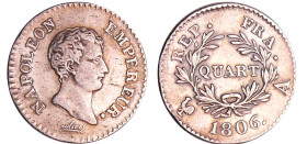 France - Napoléon 1er (1804-1814) - 1/4 de franc empereur 1806 A (Paris)
TTB
Ga.347-F.159
 Ar ; 1.23 gr ; 15 mm