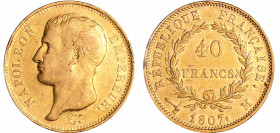 France - Napoléon 1er (1804-1814) - type transitoire - 40 francs tête nue 1807 M (Toulouse)
TTB+
Ga.1082a-F.539
 Au ; 12.87 gr ; 26 mm
Monnaie fra...