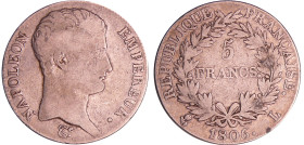 France - Napoléon 1er (1804-1814) - 5 francs calendrier grégorien 1806 L (Bayonne)
TB
Ga.581-F.304
 Ar ; 24.53 gr ; 37 mm