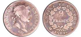 France - Napoléon 1er (1804-1814) - 2 francs revers empire 1814 A (Paris)
TB
Ga.501-F.255
 Ar ; 9.60 gr ; 27 mm