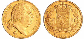 France - Louis XVIII (1815-1824) - 20 francs au buste nu 1816 A (Paris)
TTB+
Ga.1028-F.519
 Au ; 6.39 gr ; 21 mm