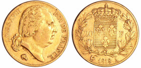 France - Louis XVIII (1815-1824) - 20 francs au buste nu 1818 A (Paris)
TB+
Ga.1028-F.519
 Au ; 6.40 gr ; 21 mm