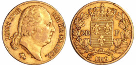 France - Louis XVIII (1815-1824) - 20 francs au buste nu 1819 A (Paris)
TTB
Ga.1028-F.519
 Au ; 6.42 gr ; 21 mm