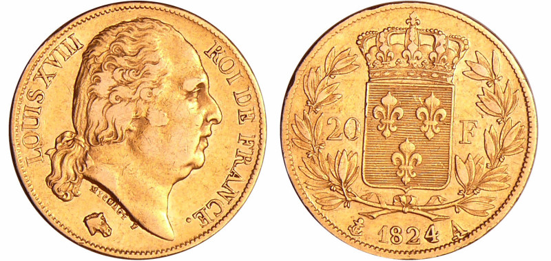 France - Louis XVIII (1815-1824) - 20 francs au buste nu 1824 A (Paris)
TTB
Ga...
