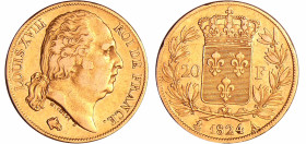 France - Louis XVIII (1815-1824) - 20 francs au buste nu 1824 A (Paris)
TTB
Ga.1028-F.519
 Au ; 6.40 gr ; 21 mm