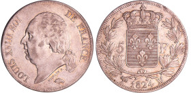 France - Louis XVIII (1815-1824) - 5 francs au buste nu 1824 MA (Marseille)
TTB+
Ga.614-F.309
 Ar ; 24.96 gr ; 37 mm