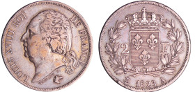 France - Louis XVIII (1815-1824) - 2 francs au buste nu 1823 A (Paris)
TTB
Ga.513-F.257
 Ar ; 9.85 gr ; 27 mm
