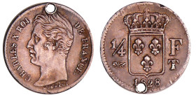 France - Charles X (1824-1830) - 1/2 franc 1828 T (Nantes)
TTB+
Ga.402-F.180
 Ar ; 1.23 gr ; 18 mm
Monnaie percée. Monnaie frappée à 6304 exemplai...