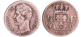 France - Charles X (1824-1830) - 1/4 de franc 1826 Q (Perpignan)
TB
Ga.353-F.164
 Ar ; 1.18 gr ; 15 mm
Monnaie frappée à 7528 exemplaires.
