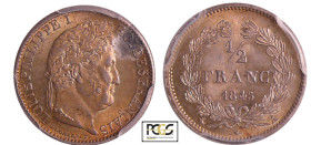 France - Louis-Philippe Ier (1830-1848) - 1/2 franc 1845 A (Paris)
PCGS MS 63
Ga.408-F.182
 Ar ; -- ; 18 mm
PCGS #82473950.