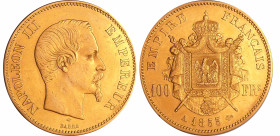 France - Napoléon III (1852-1870) - 100 francs tête nue 1855 A (Paris)
SUP+
Ga.1135-F.550
 Au ; 32.04 gr ; 35 mm
