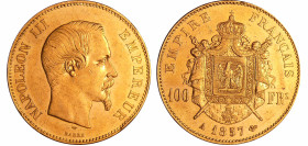 France - Napoléon III (1852-1870) - 100 francs tête nue 1857 A (Paris)
SUP
Ga.1135-F.550
 Au ; 32.20 gr ; 35 mm