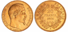 France - Napoléon III (1852-1870) - 20 francs tête nue 1854 A (Paris)
SPL
Ga.1061-F.531
 Au ; 6.41 gr ; 21 mm
Rare dans cette qualité.