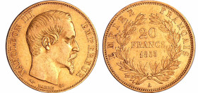 France - Napoléon III (1852-1870) - 20 francs tête nue 1855 A (Paris)
TTB
Ga.1061-F.531
 Au ; 6.42 gr ; 21 mm