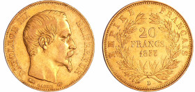 France - Napoléon III (1852-1870) - 20 francs tête nue 1855 D (Lyon)
TTB+
Ga.1061-F.531
 Au ; 6.44 gr ; 21 mm