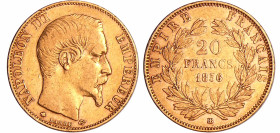 France - Napoléon III (1852-1870) - 20 francs tête nue 1856 BB (Strasbourg)
TTB
Ga.1061-F.531
 Au ; 6.43 gr ; 21 mm