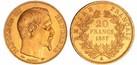France - Napoléon III (1852-1870) - 20 francs tête nue 1857 A (Paris)
SPL
Ga.1061-F.531
 Au ; 6.45 gr ; 21 mm
Rare dans cette qualité.