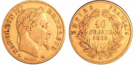 France - Napoléon III (1852-1870) - 10 francs tête laurée 1862 A (Paris) 10 petit
TB+
Ga.1014a-F.506
 Au ; 3.19 gr ; 19 mm