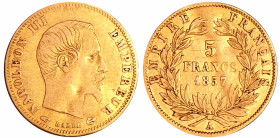France - Napoléon III (1852-1870) - 5 francs grand module 1857 A (Paris)
TB
Ga.1001-F.501
 Au ; 1.57 gr ; 17 mm
Flan voilé.