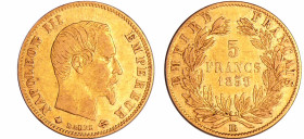 France - Napoléon III (1852-1870) - 5 francs grand module 1859 BB (Strasbourg)
TTB
Ga.1001-F.501
 Au ; 1.57 gr ; 17 mm