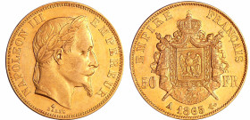 France - Napoléon III (1852-1870) - 50 francs tête laurée 1865 A (Paris)
SUP
Ga.1112-F.548
 Au ; 16.08 gr ; 28 mm
Monnaie frappée à 3740 exemplair...