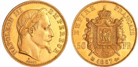 France - Napoléon III (1852-1870) - 50 francs tête laurée 1867 BB (Strasbourg)
SUP+
Ga.1112-F.548
 Au ; 16.12 gr ; 28 mm
