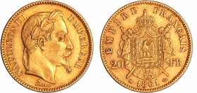 France - Napoléon III (1852-1870) - 20 francs tête laurée 1861 BB (Strasbourg)
TTB+
Ga.1062-F.532
 Au ; 6.44 gr ; 21 mm