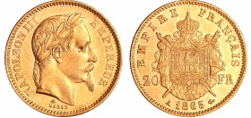 France - Napoléon III (1852-1870) - 20 francs tête laurée 1865 A (Paris)
SPL
Ga.1062-F.532
 Au ; 6.46 gr ; 21 mm